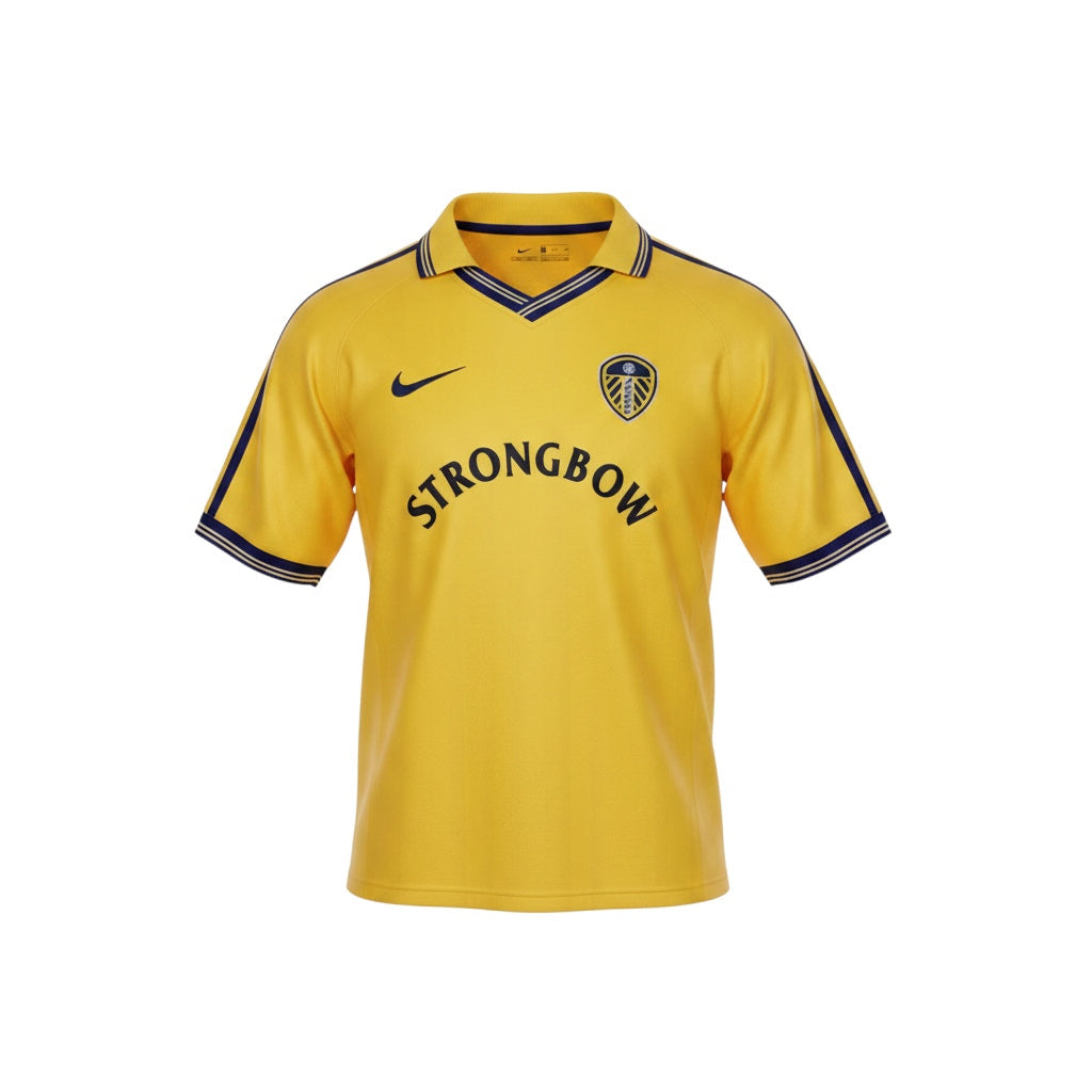 Archive Football Leeds United 2000/01 retro yellow jersey with navy trim, embroidered crest, and sponsor logo.