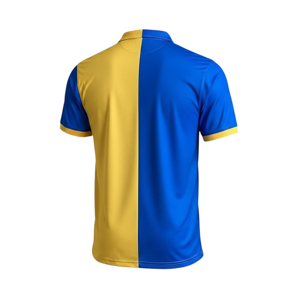 Archive Football Leeds United 1997/99 retro away jersey featuring a split yellow and blue design with a polo collar.