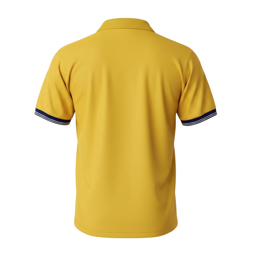 Archive Football Leeds United 2000/01 retro jersey in yellow with a polo collar and navy blue striped sleeve cuffs.