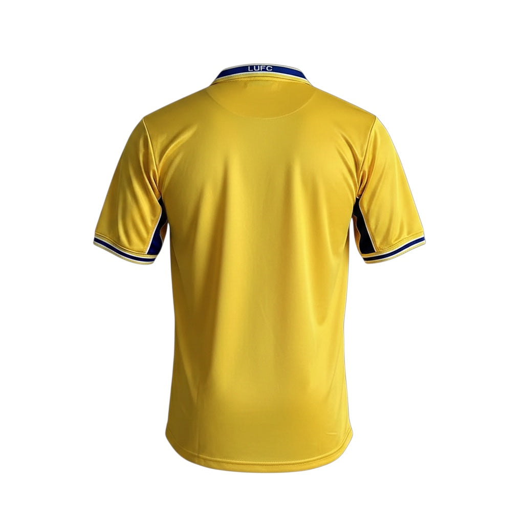 Archive Football Leeds United 1999-2000 retro third jersey in yellow with blue collar and sleeve trim, back view