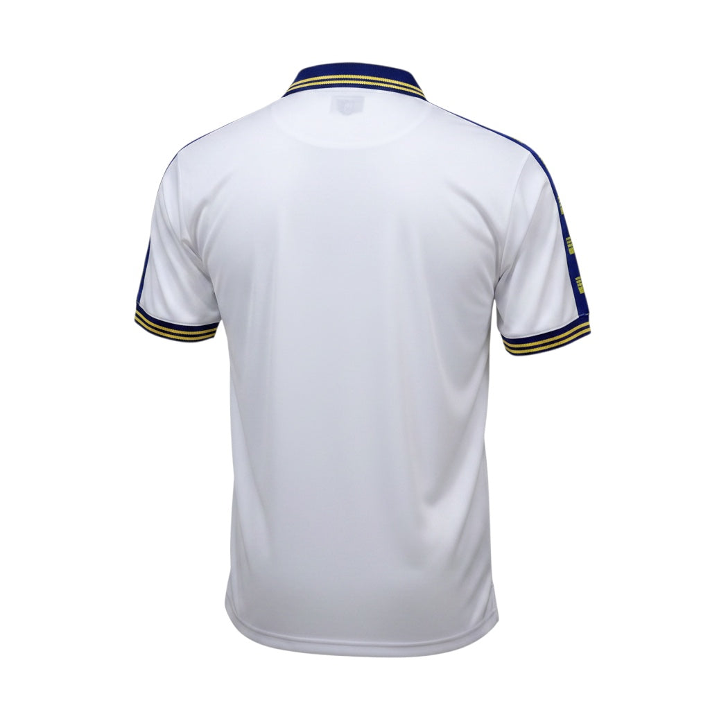 Back view of Archive Football Leeds United 1977/78 retro home jersey in white with blue and yellow collar and sleeve trim