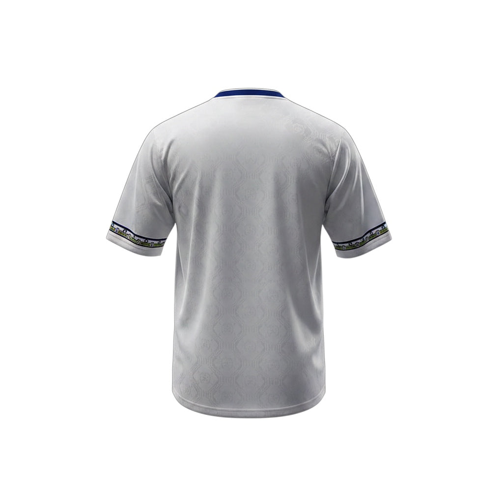 Back view of Archive Football Leeds United 1992/93 retro home jersey in white with patterned fabric and sleeve trim