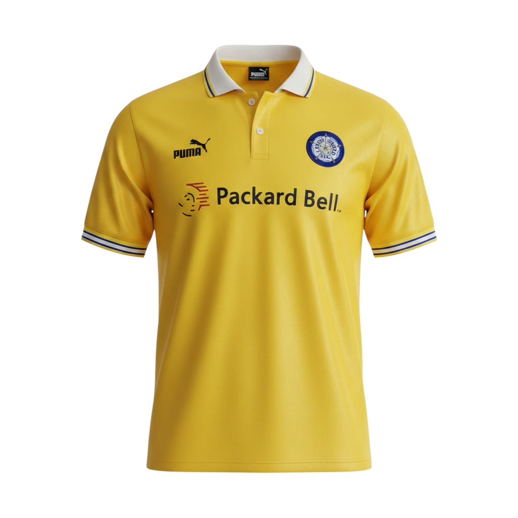 Archive Football Leeds United 1996/98 yellow retro away jersey with polo collar, embroidered crest, and sponsor logo.