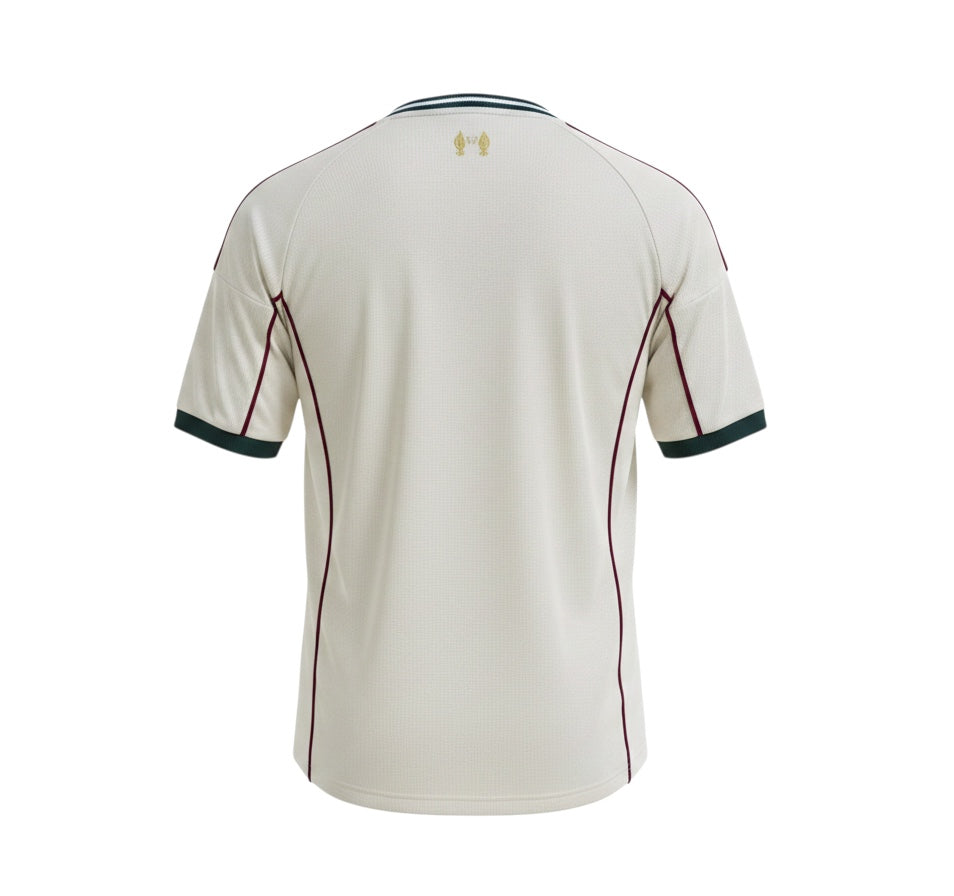Archive Football Liverpool 2026/27 special edition jersey in off-white with maroon and dark green trim, back view.