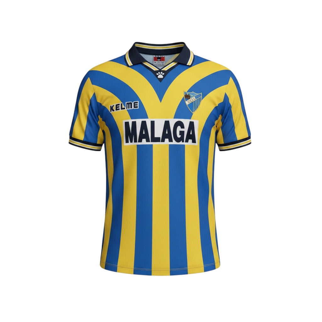 Archive Football Malaga 1997/98 away retro jersey in blue and yellow stripes with embroidered crest and sponsor logos.