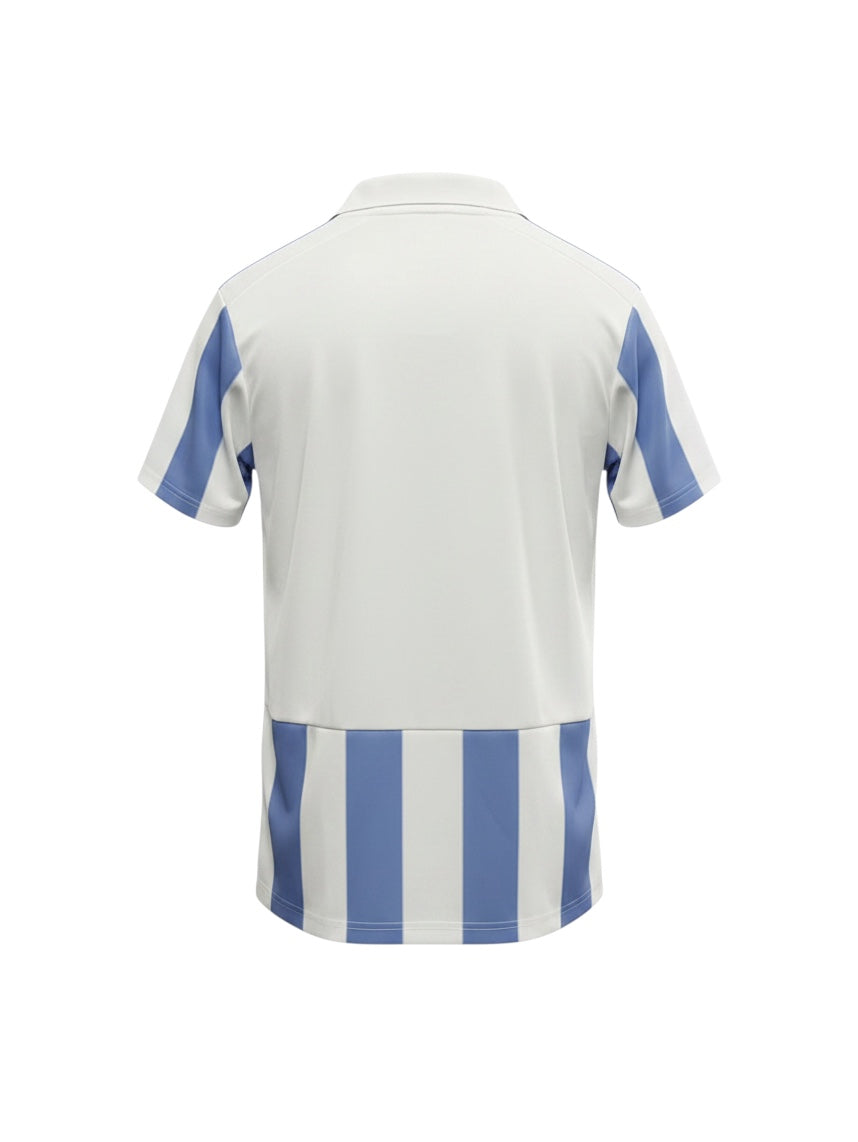 Archive Football Malaga 2013 away retro soccer jersey, back view featuring white and blue striped design.