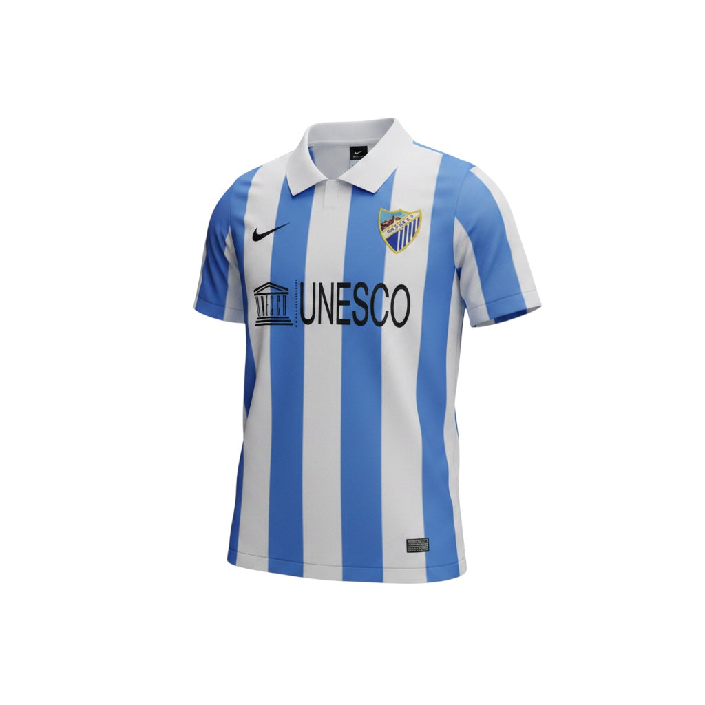 Archive Football Malaga 2013 home retro jersey in blue and white stripes with embroidered crest and UNESCO sponsor