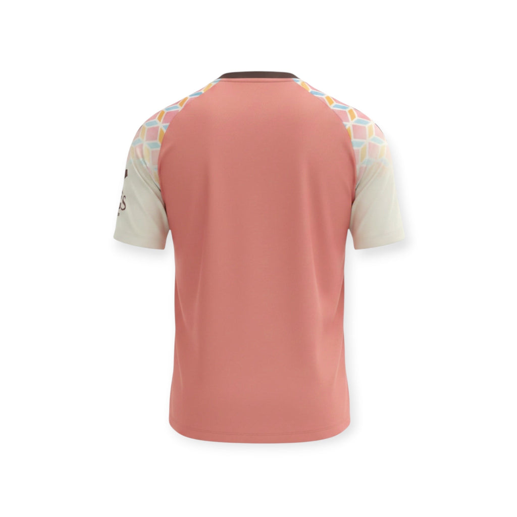 Back view of Archive Football Málaga CF 2026/2027 away jersey in dusty pink with patterned raglan sleeves.