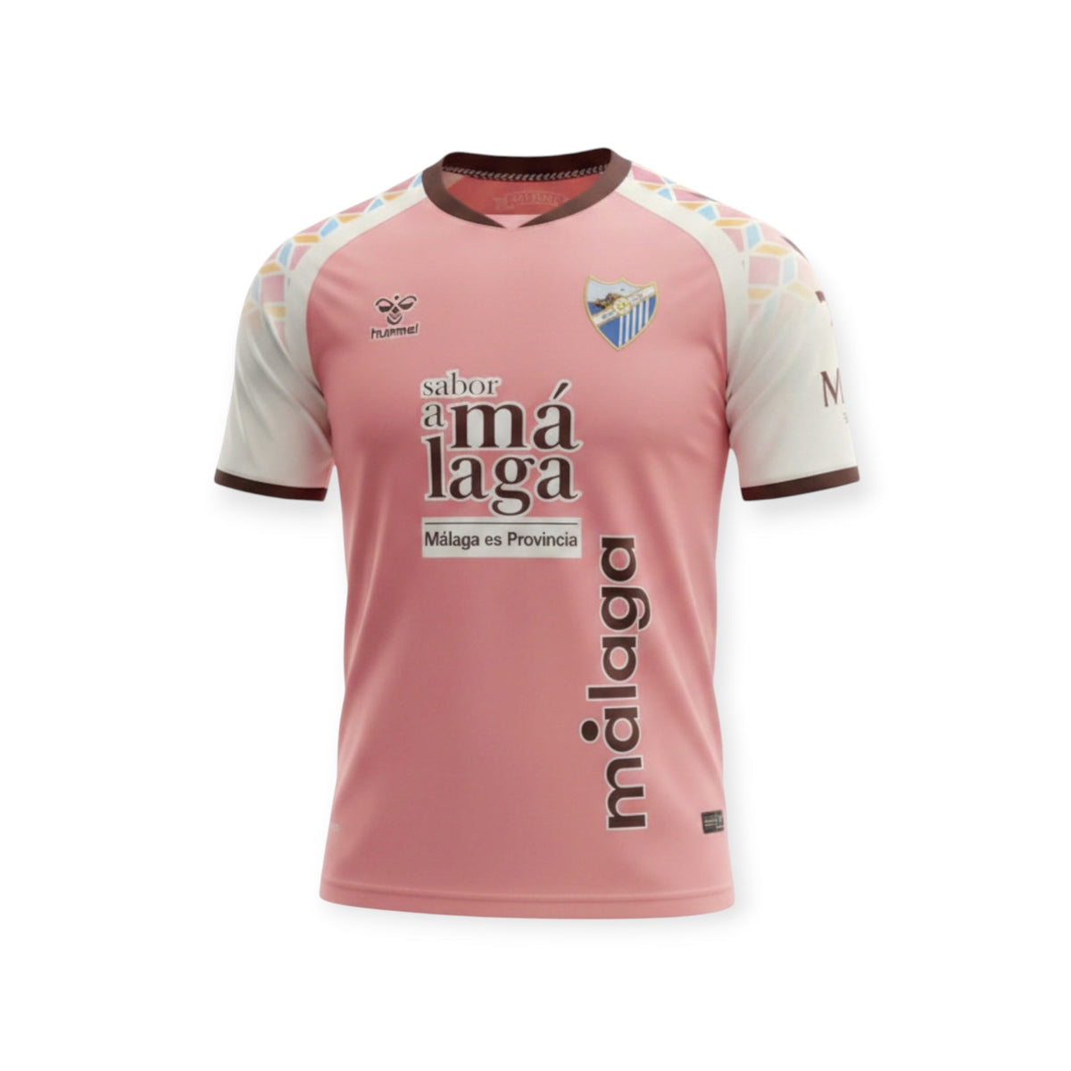 Archive Football Málaga CF 2026/2027 away jersey in pink with white sleeves and geometric shoulder patterns.