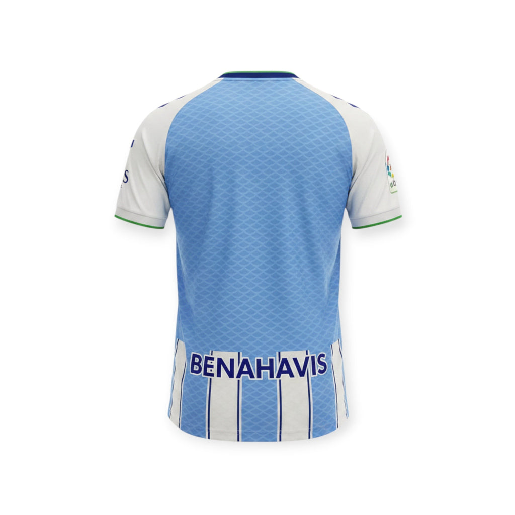 Back view of Archive Football Málaga CF 2026/2027 home jersey in light blue and white with Benahavis sponsor print.