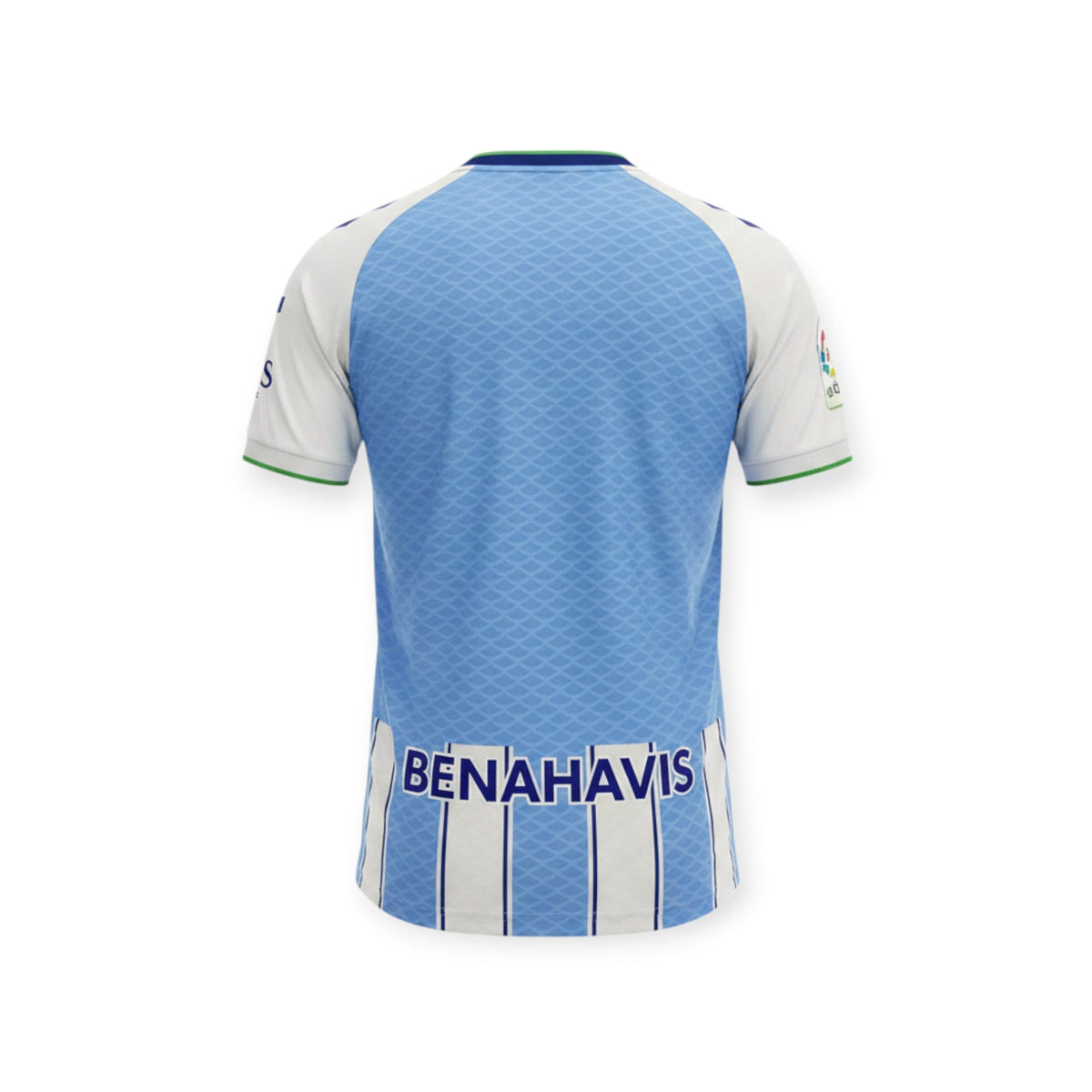 Back view of Archive Football Málaga CF 2026/2027 home jersey in light blue and white with Benahavis sponsor print.