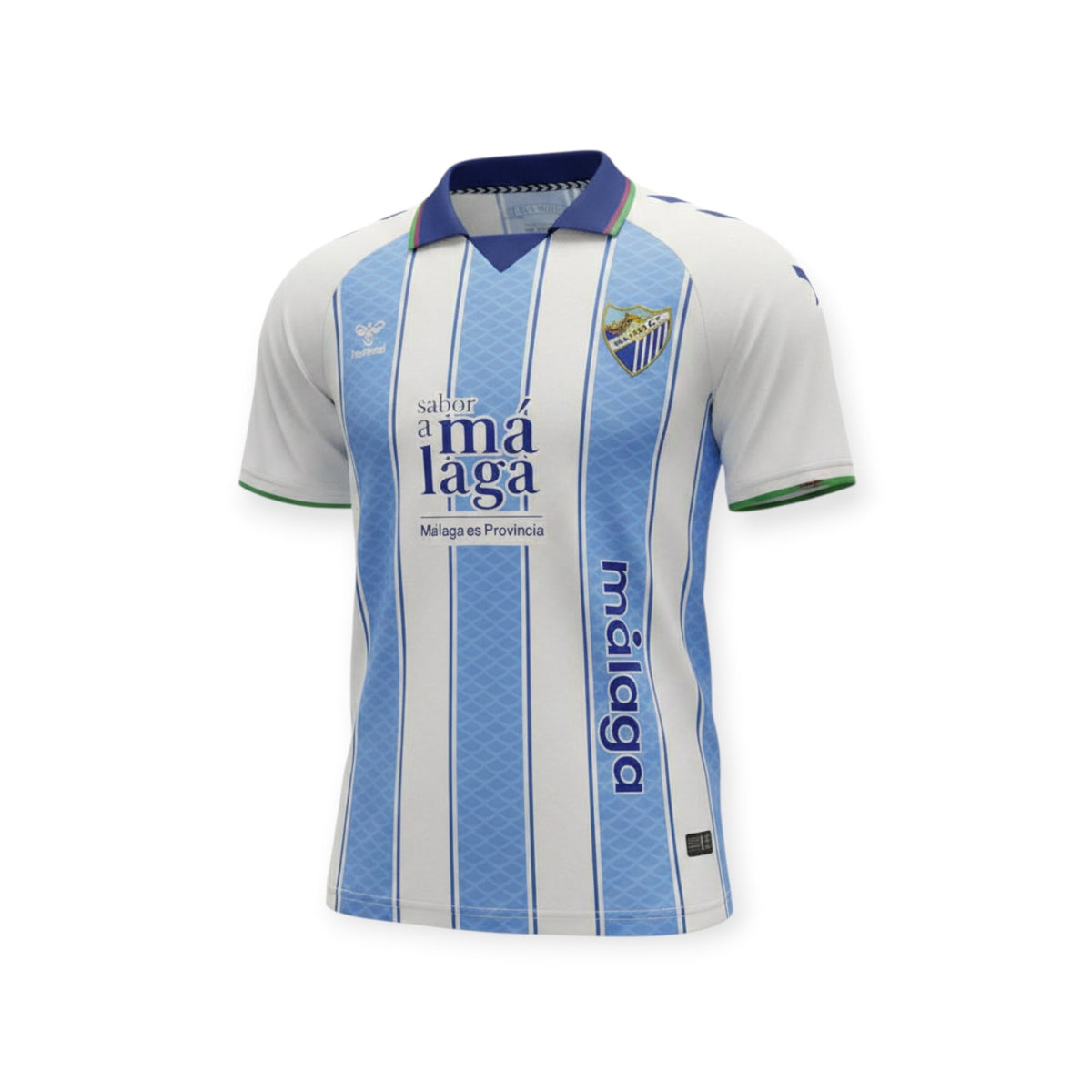 Archive Football Málaga CF 2026/2027 home jersey in white and blue with a polo collar and team emblem.