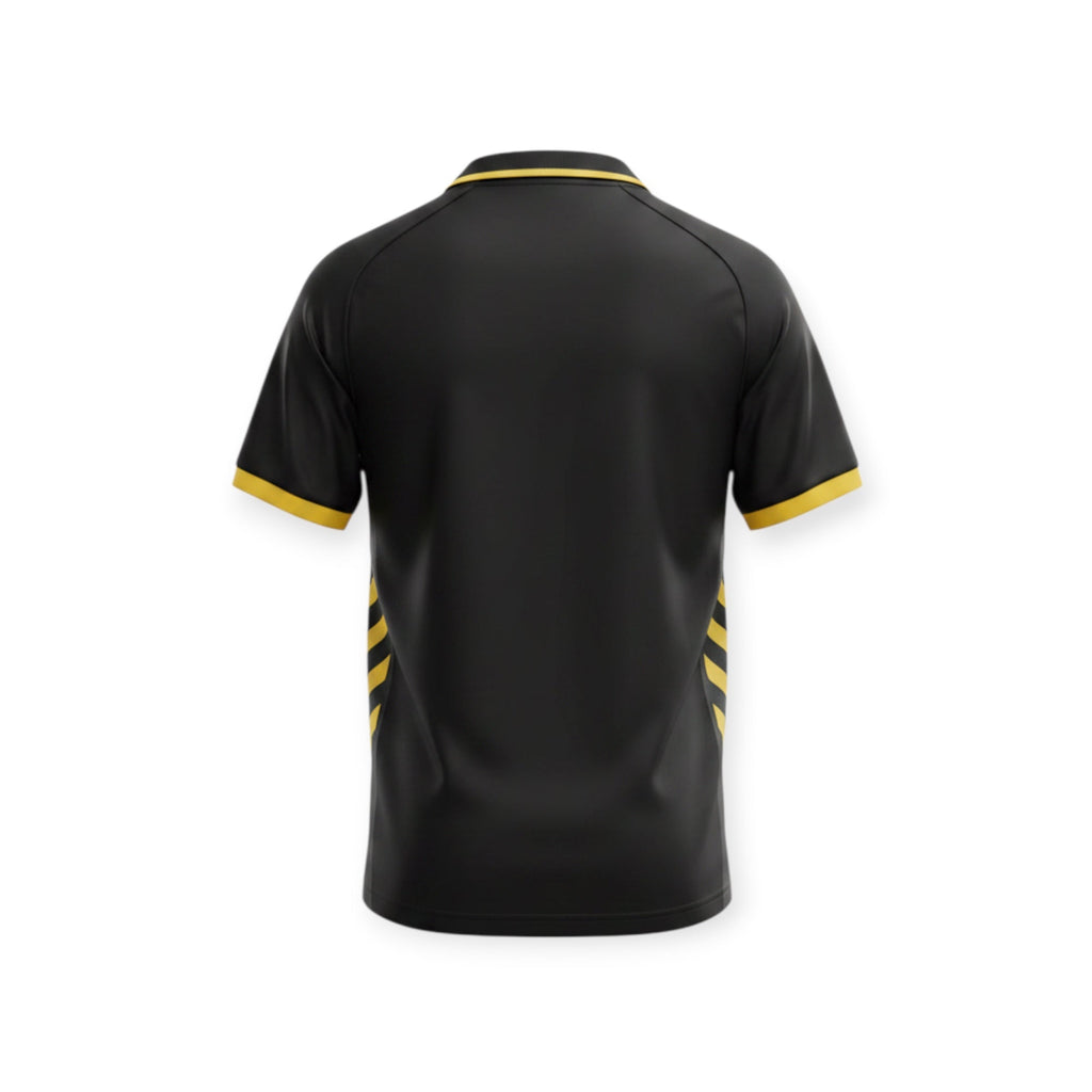 Archive Football Málaga CF 2026/2027 retro jersey in black with yellow trim, back view of breathable polyester shirt.