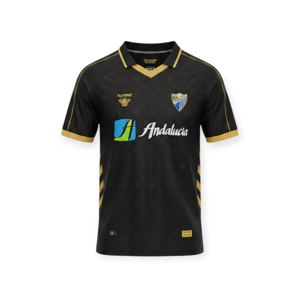 Archive Football Málaga CF 2026/2027 retro jersey in black with gold trim, featuring team emblem and sponsor logos.