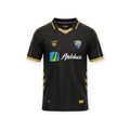 Archive Football Málaga CF 2026/2027 retro jersey in black with gold trim, featuring team emblem and sponsor logos.