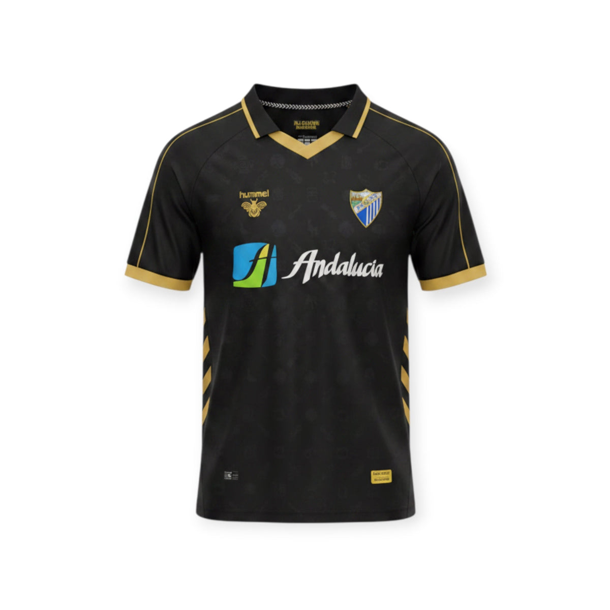 Archive Football Málaga CF 2026/2027 retro jersey in black with gold trim, featuring team emblem and sponsor logos.