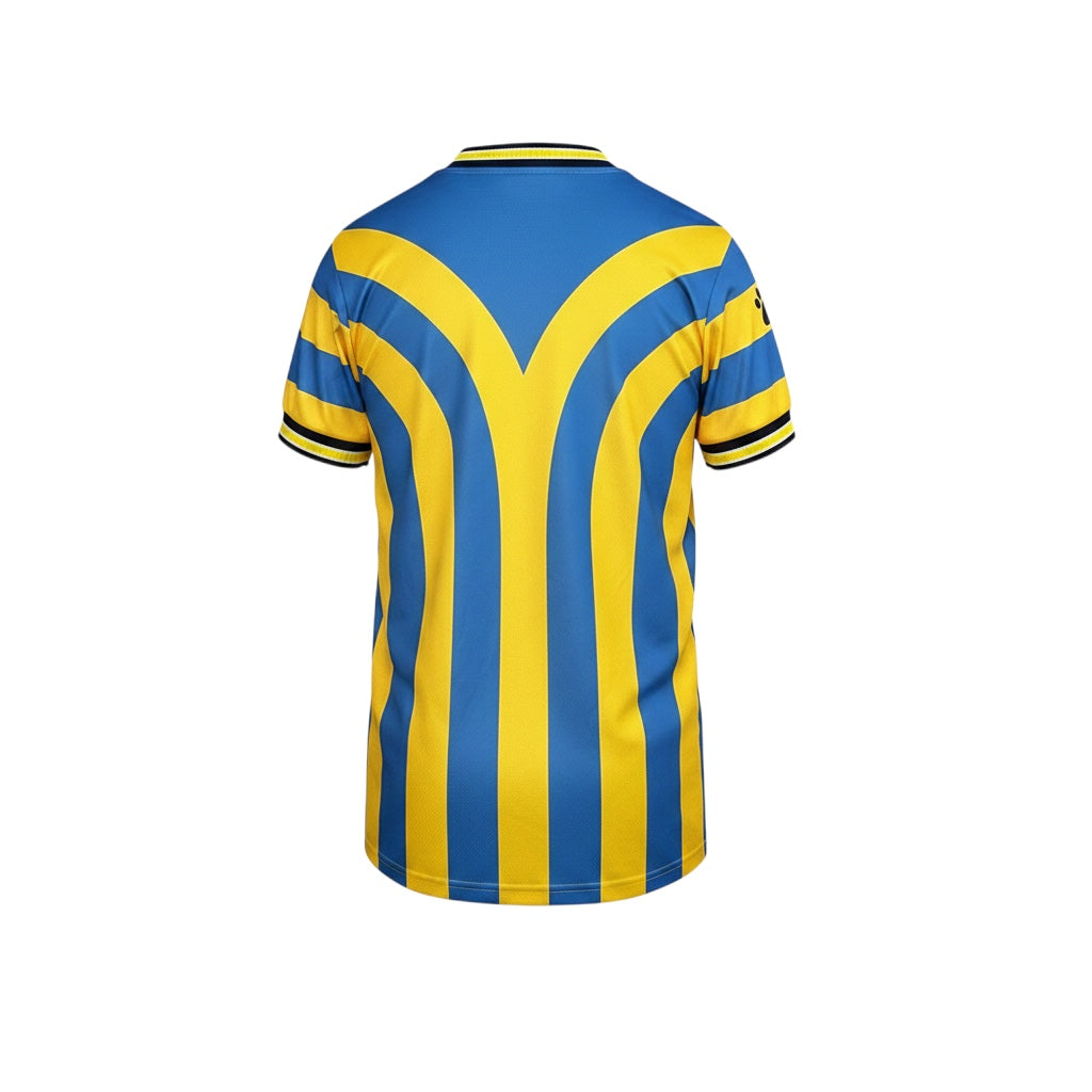 Back view of Archive Football Malaga 1997/98 away retro jersey in blue and yellow with striped pattern