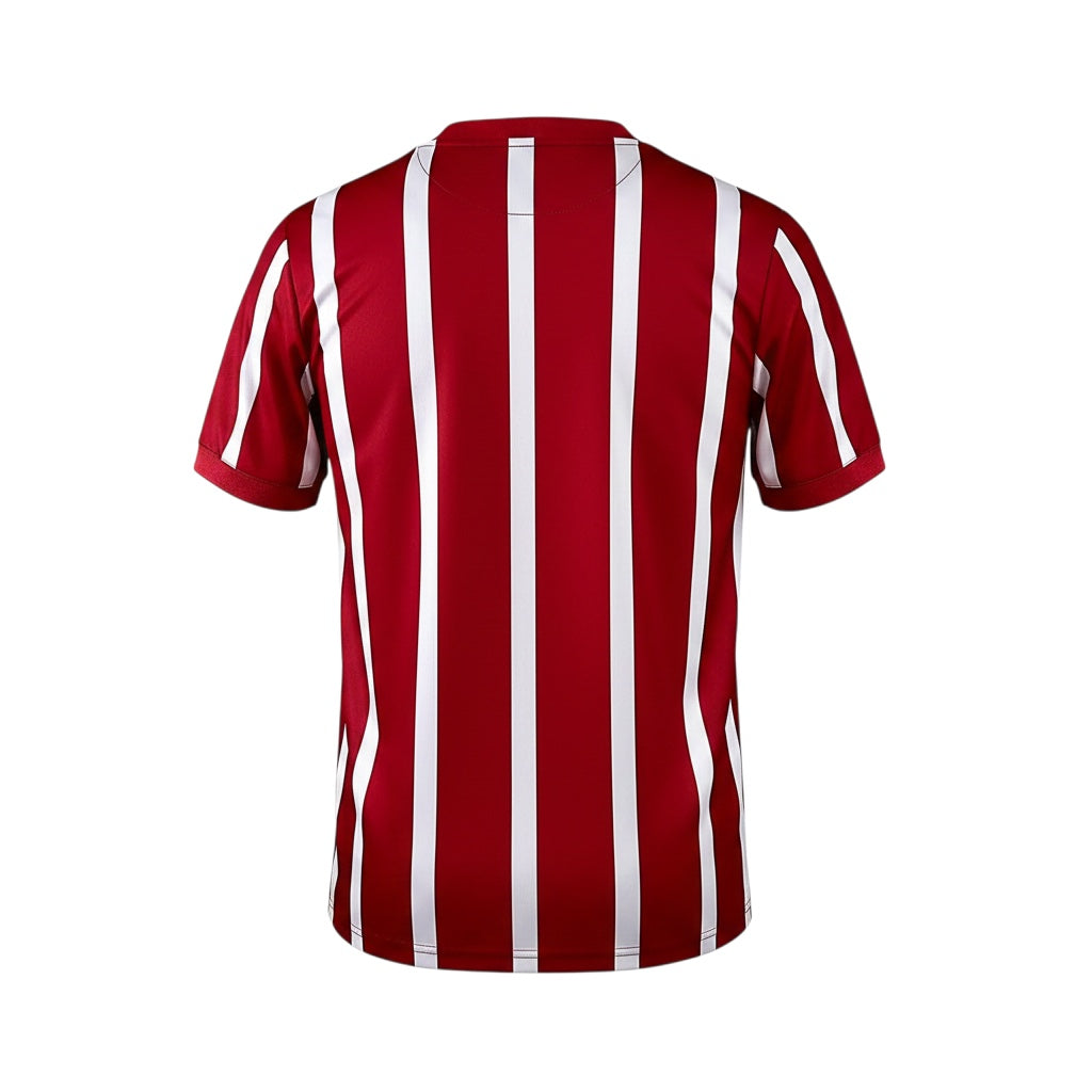 Back view of Archive Football Manchester City 1956 retro home jersey in red and white vertical stripes