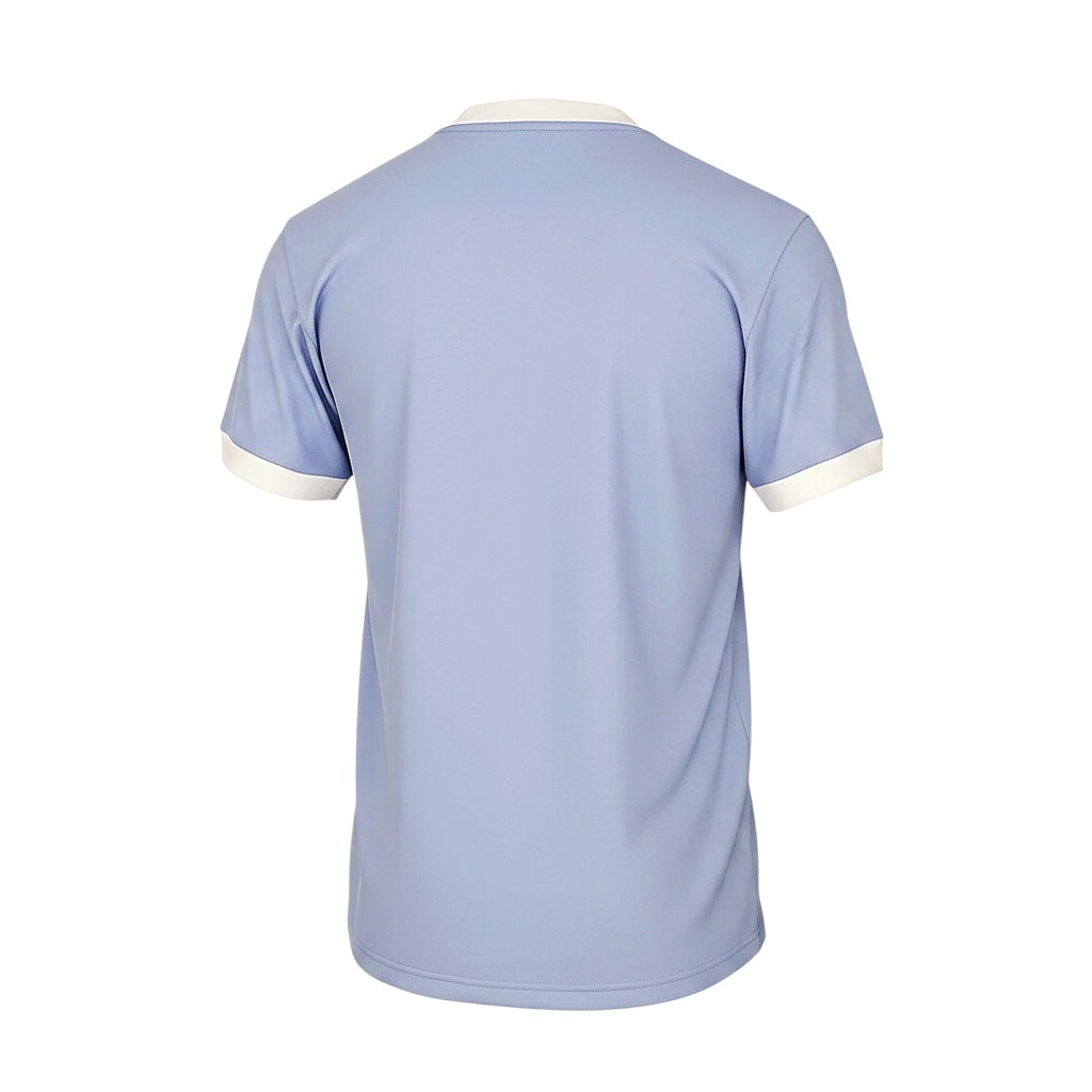 Back view of Archive Football Manchester City 1972 retro home jersey in light blue with white collar and sleeve trim.