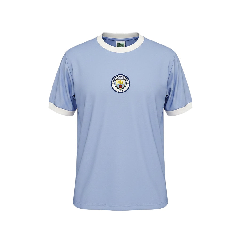 Archive Football Manchester City 1972 retro home jersey in sky blue with white crew neck and embroidered club crest