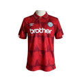 Archive Football Manchester City 1990/92 away retro jersey in red with geometric pattern and embroidered club crest.