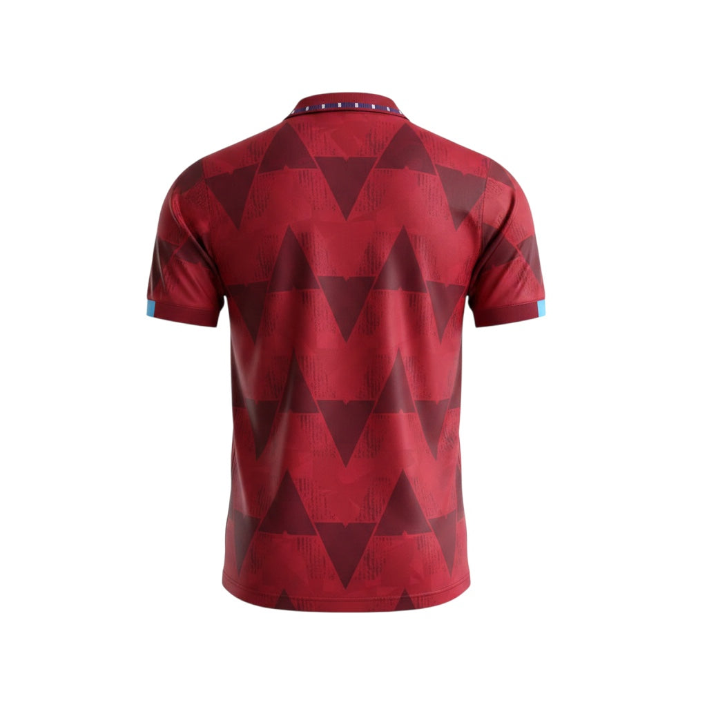 Archive Football Manchester City 1990/92 retro away jersey in red with a geometric pattern and polo collar, back view.