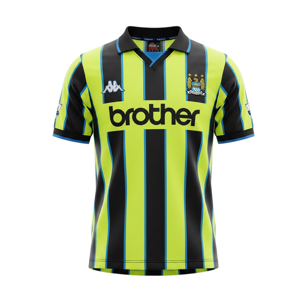 Archive Football Manchester City 1998/99 retro away jersey in neon yellow and black with classic polo collar