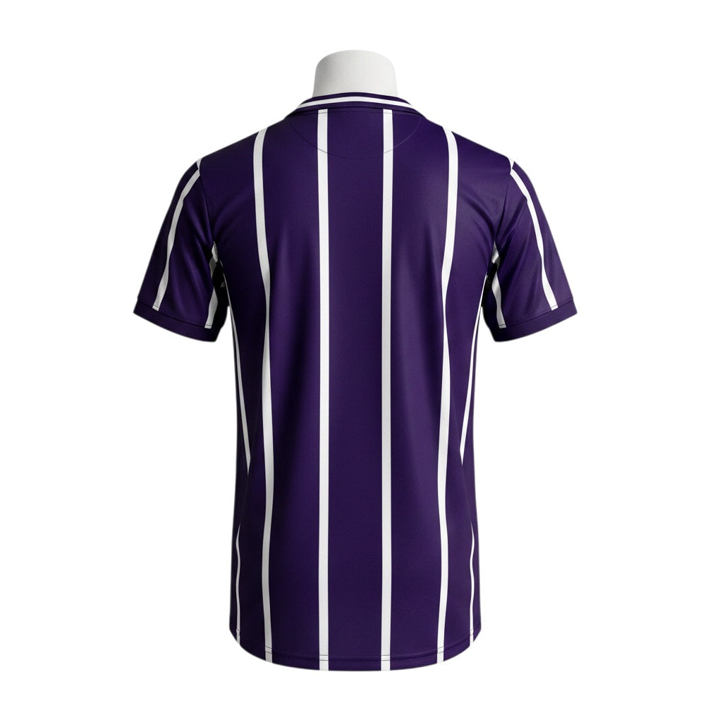 Archive Football Manchester City 1992/94 retro home jersey, back view featuring purple fabric with white pinstripes.