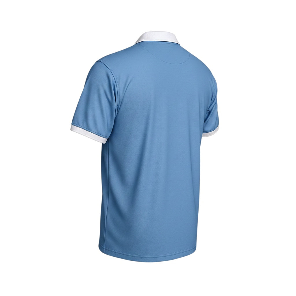 Archive Football Manchester City 2015/16 retro home jersey in sky blue with white collar and sleeve trim, back view.
