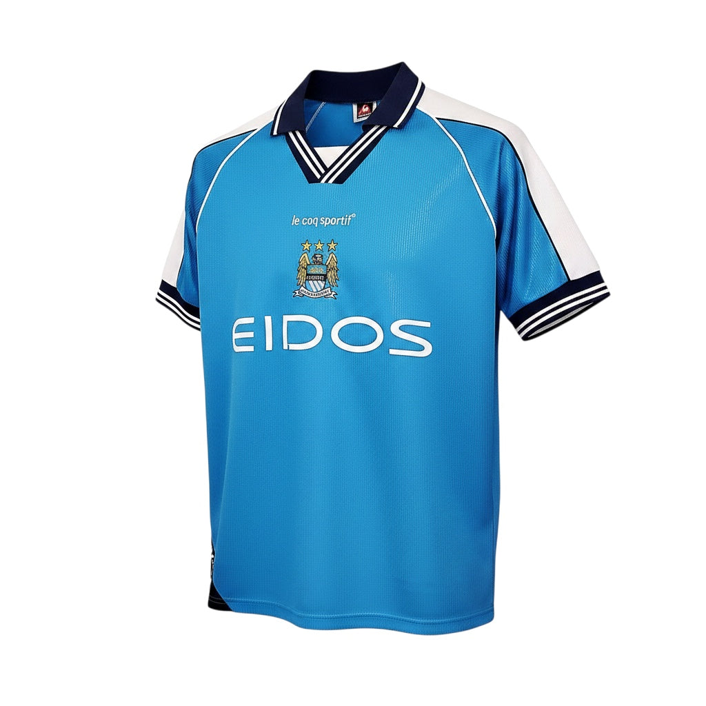 Archive Football Manchester City 1999-2001 retro home jersey in sky blue with embroidered crest and Eidos sponsor