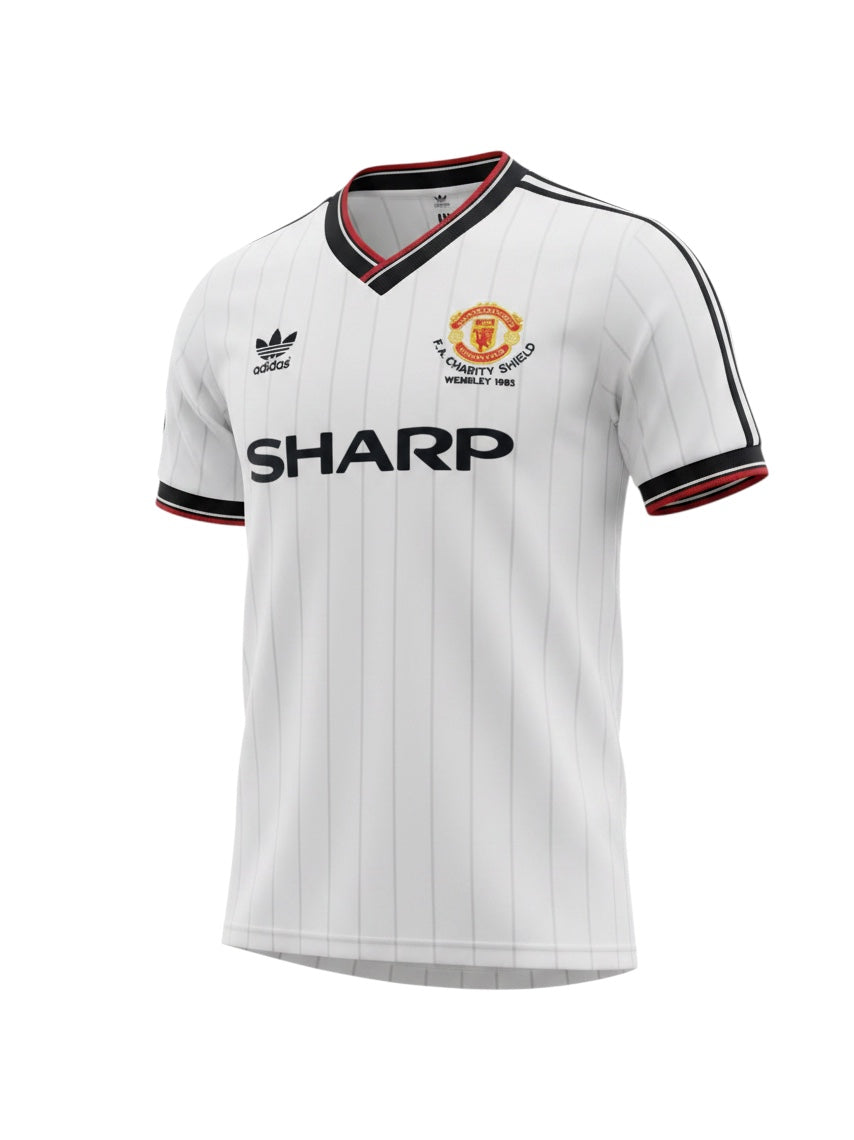 Archive Football Manchester United 1983 retro jersey in white with pinstripes, black trim, and embroidered logos.
