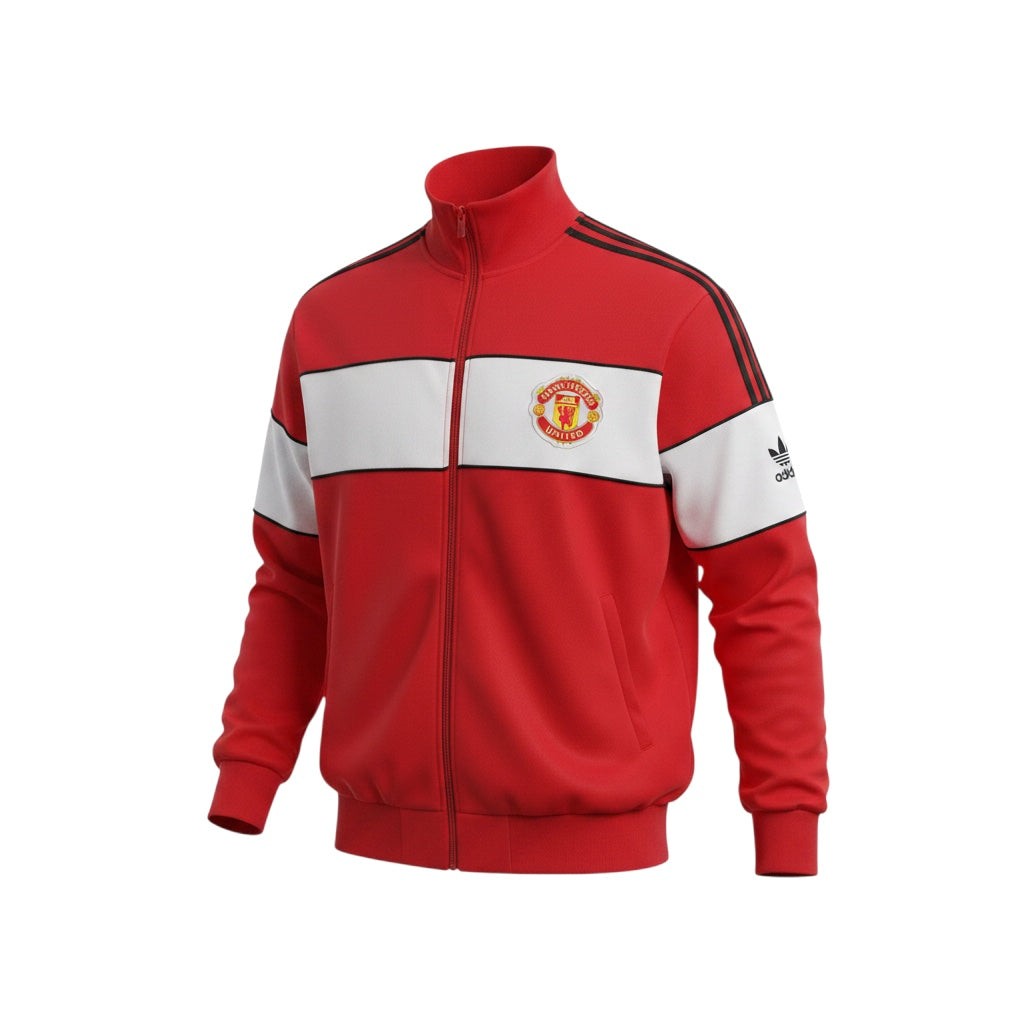 Archive Football Manchester United 1984 retro track jacket in red with white chest stripe and embroidered club crest.