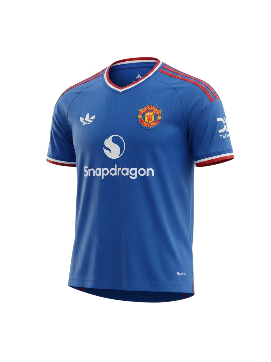 Archive Football Manchester United 2026/27 concept jersey in blue with red shoulder stripes and team emblem
