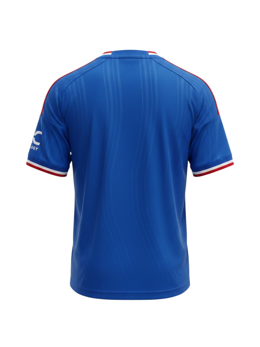 Back view of Archive Football Manchester United 2026/27 concept jersey in blue polyester with red and white trim