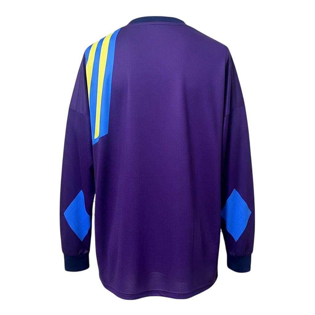 Back view of Archive Football Manchester United 1992/93 retro goalkeeper jersey in purple with yellow and blue accents.