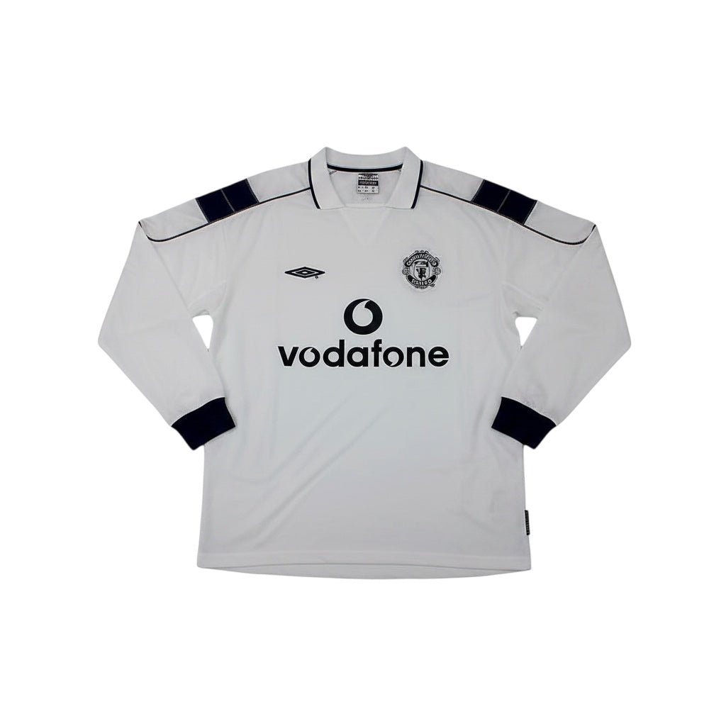 Archive Football Manchester United 1999-2000 long sleeve white retro soccer jersey with embroidered crest and logos