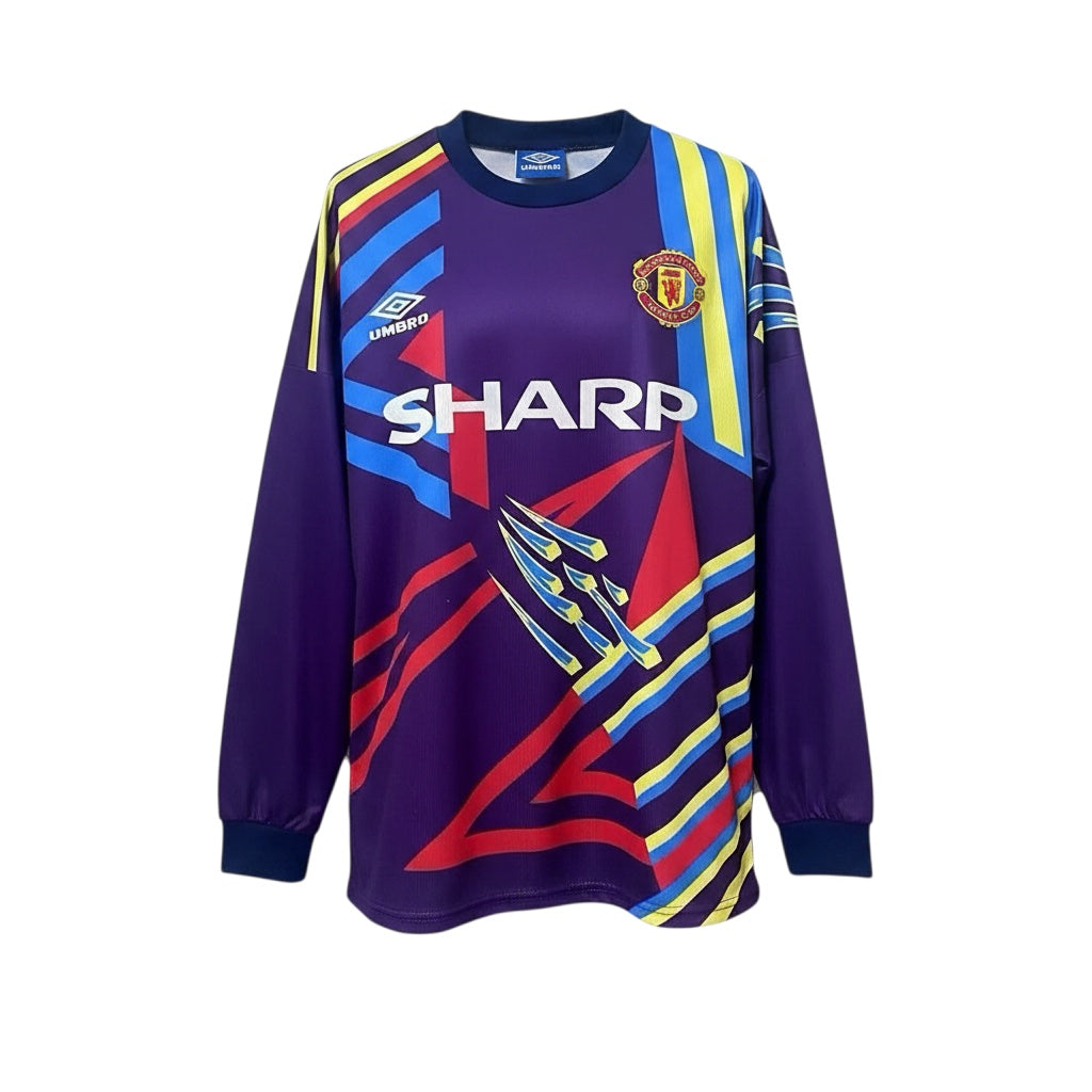 Archive Football Manchester United 1992/93 retro goalkeeper jersey in purple with geometric red, yellow, and blue print