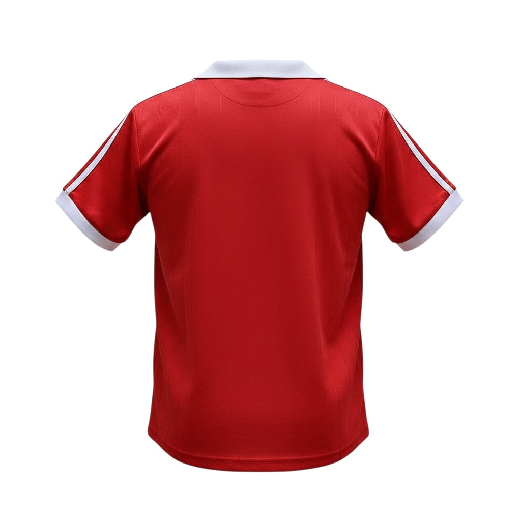 Back view of Archive Football Manchester United 1980/82 retro home jersey in red with white collar and sleeve trim