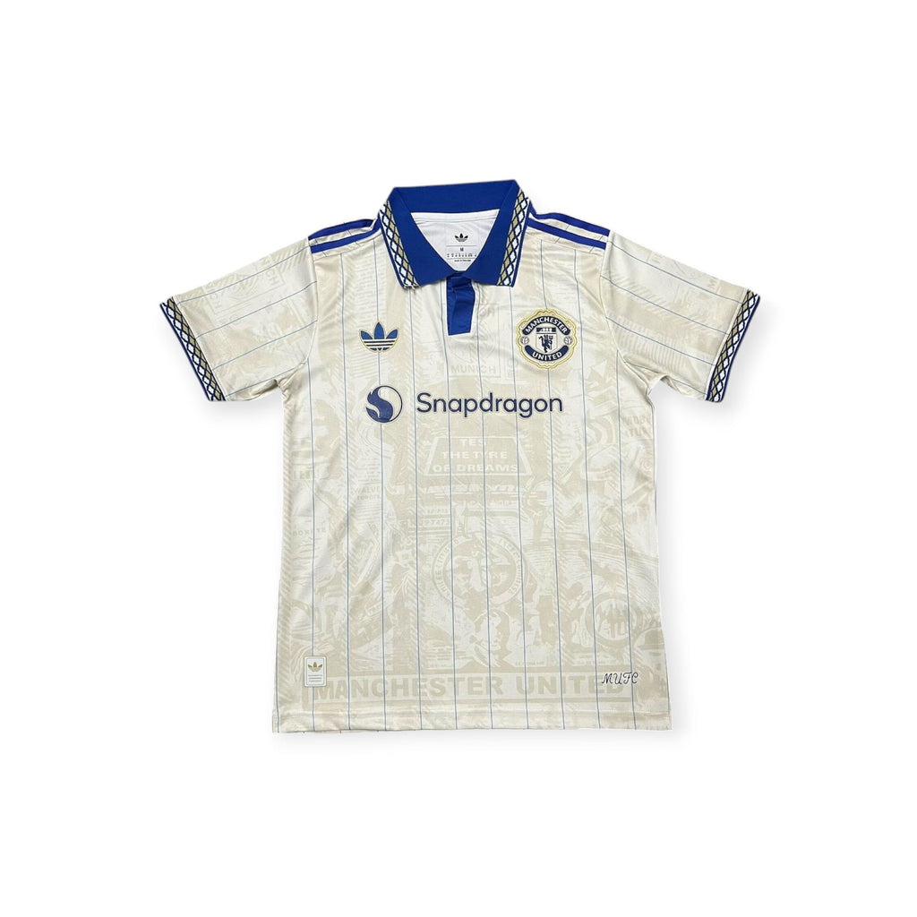 Archive Football Manchester United 2026/2027 special edition jersey in cream with blue collar and pinstripe details.