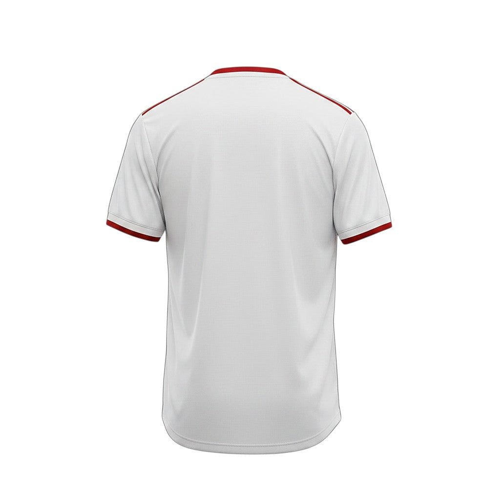 Vista trasera de la camiseta retro Archive Football del Manchester United 2012/14 en color blanco con detalles rojos