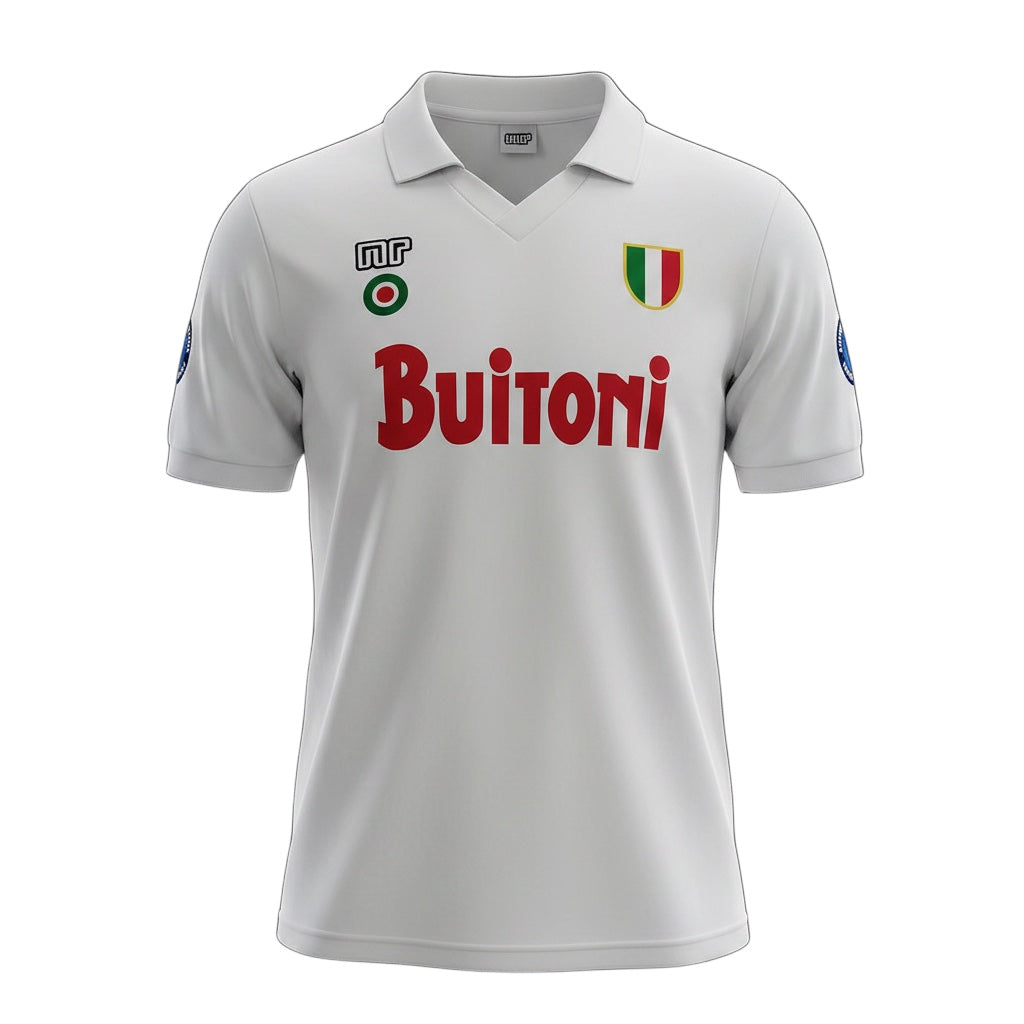 Archive Football Napoli 1987/88 away retro jersey in white with Buitoni sponsor logo and embroidered club crest.