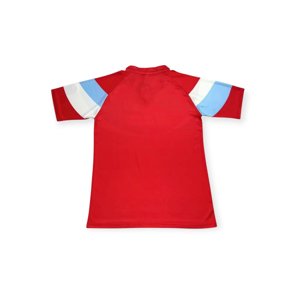 Archive Football Napoli 1990/91 away retro jersey in red with white and light blue sleeve accents, back view.