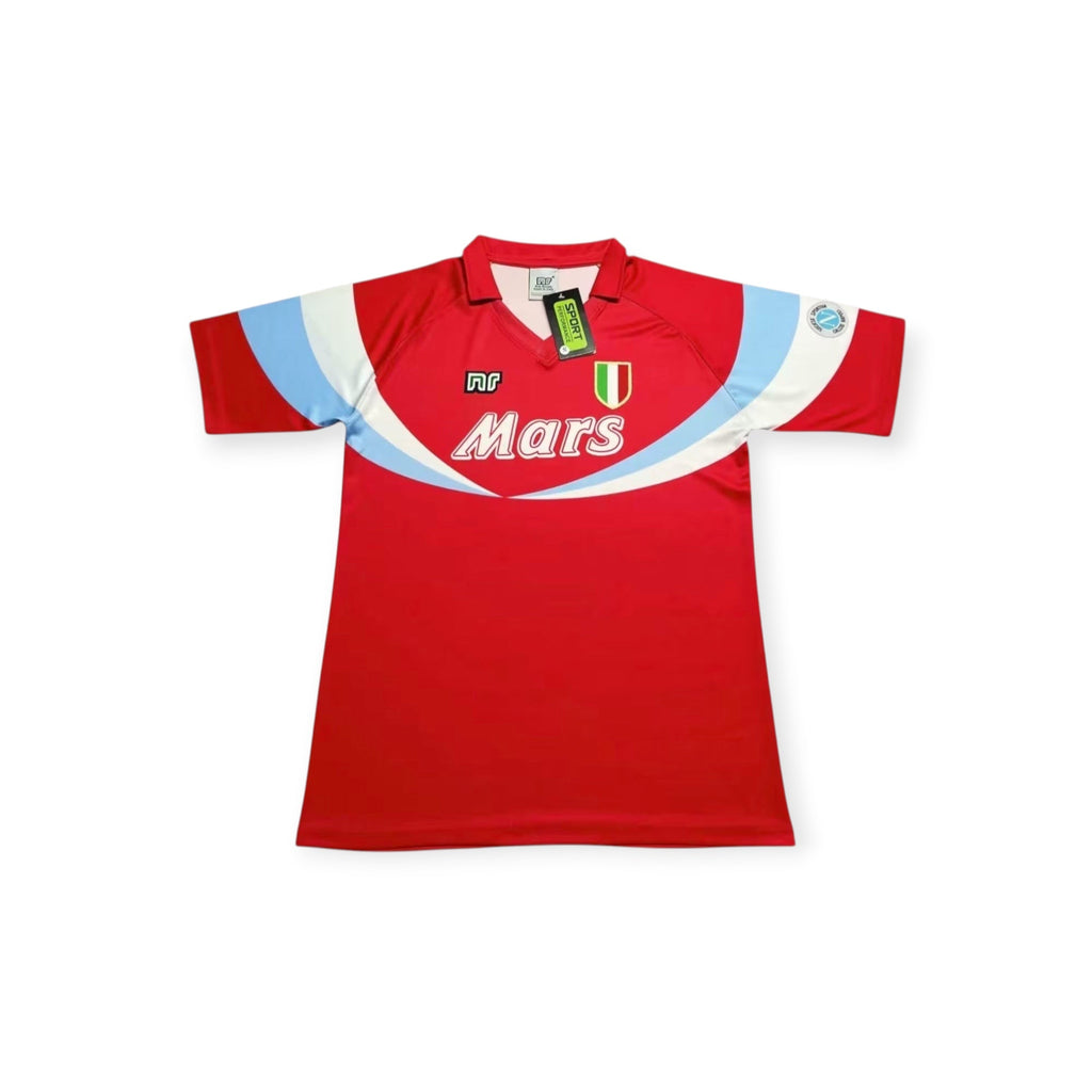 Archive Football Napoli 1990/91 away retro jersey in red with white and light blue accents and Mars sponsor logo