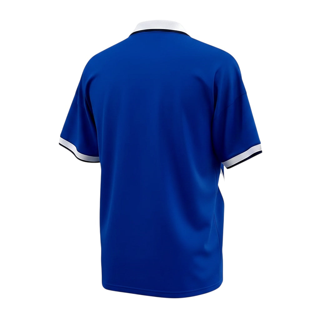 Archive Football Napoli 1998 home retro jersey in blue with white collar and sleeve trim, back view.