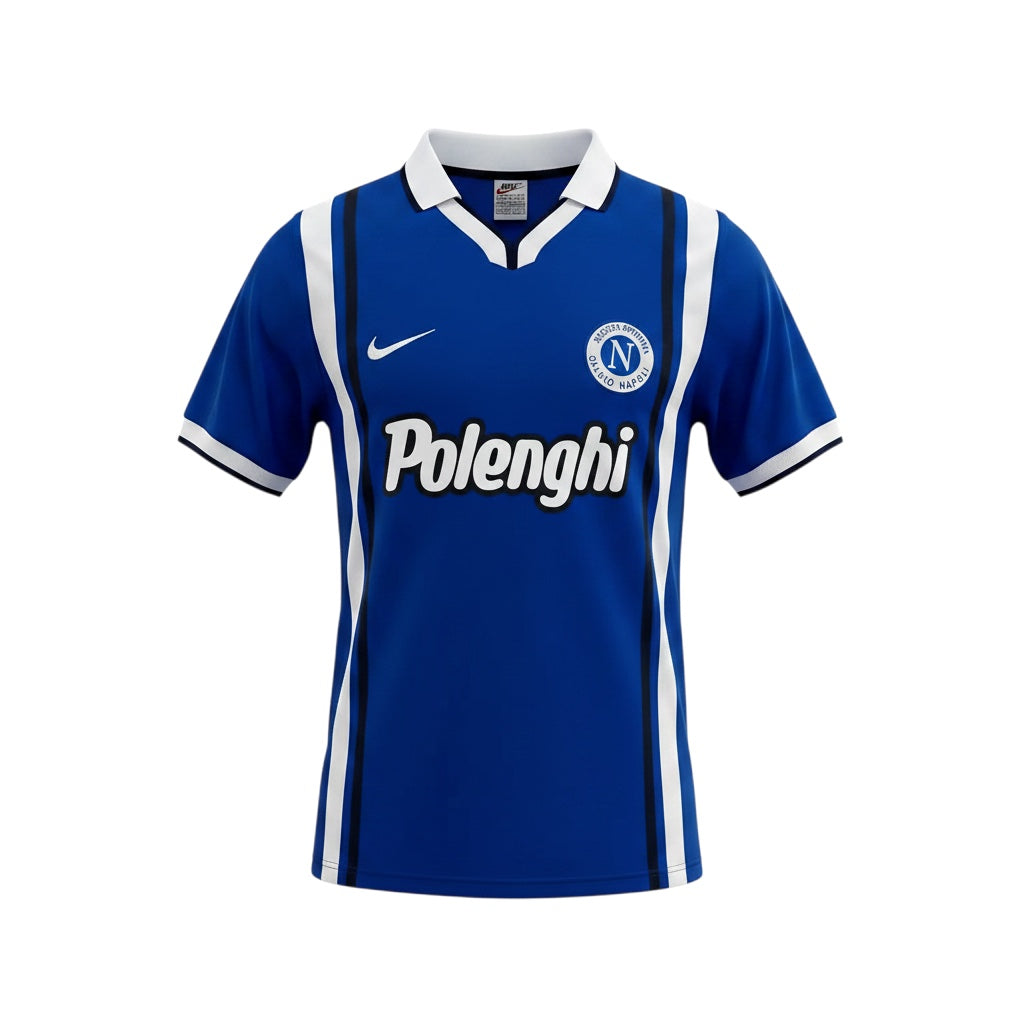 Archive Football Napoli 1998 home retro jersey in blue with white collar, embroidered crest, and sponsor logo.