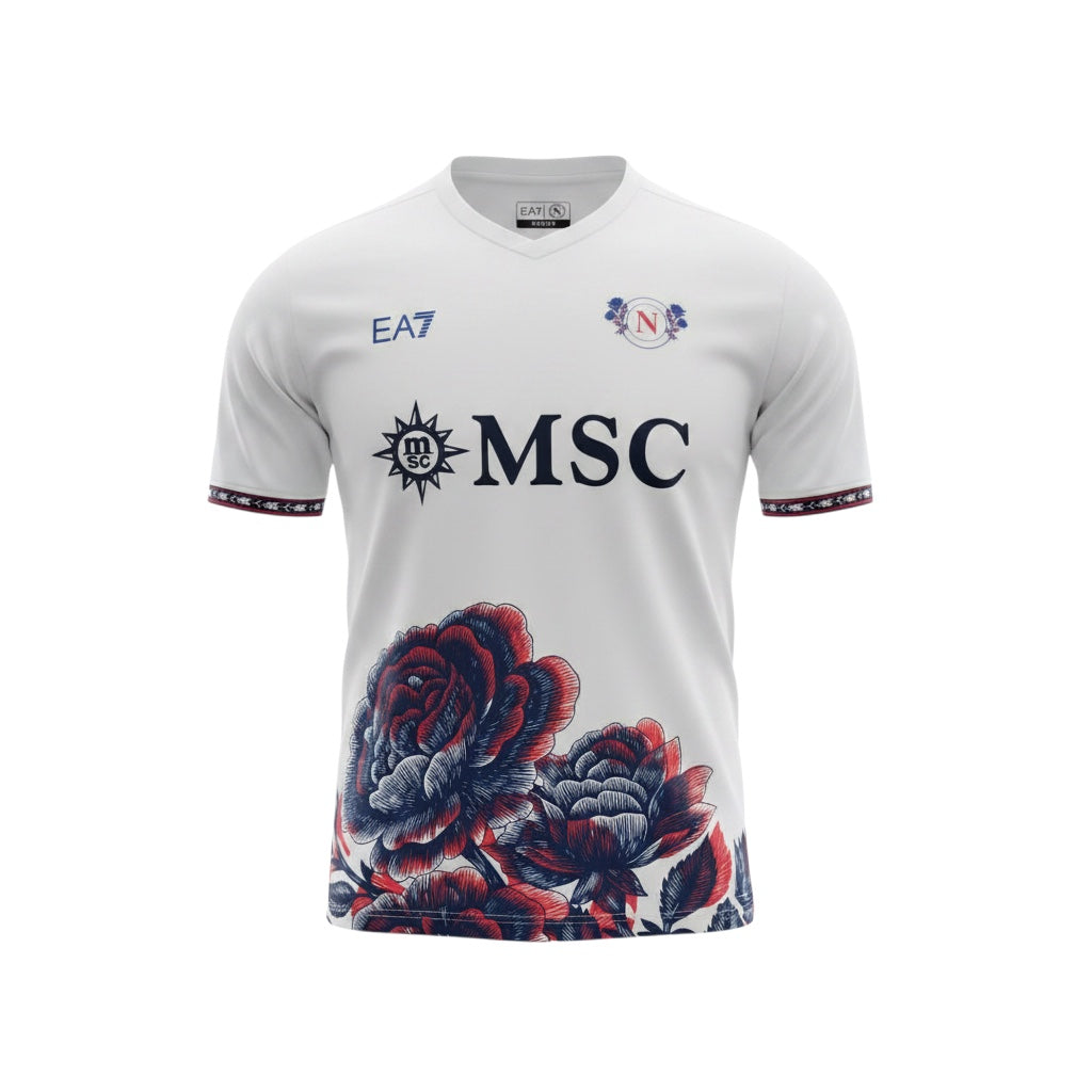 Archive Football Napoli 2026/27 special edition white jersey with floral rose graphic and team emblem