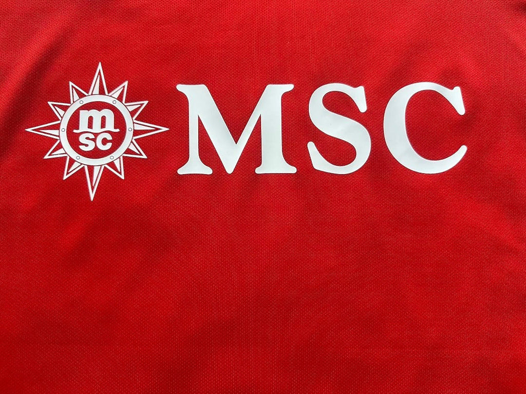 Archive Football Napoli 2026/27 third jersey featuring a red breathable polyester fabric with white MSC logo detail