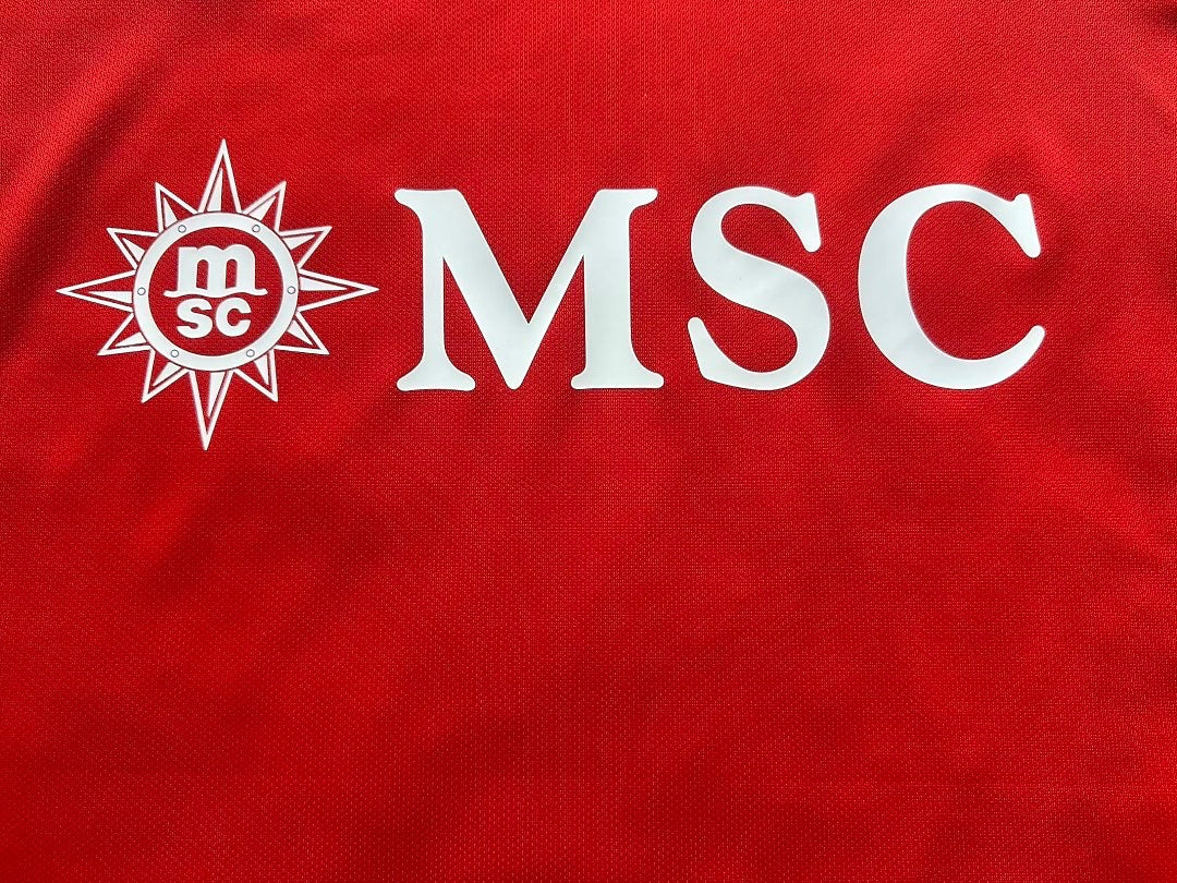 Archive Football Napoli 2026/27 third jersey featuring a red breathable polyester fabric with white MSC logo detail