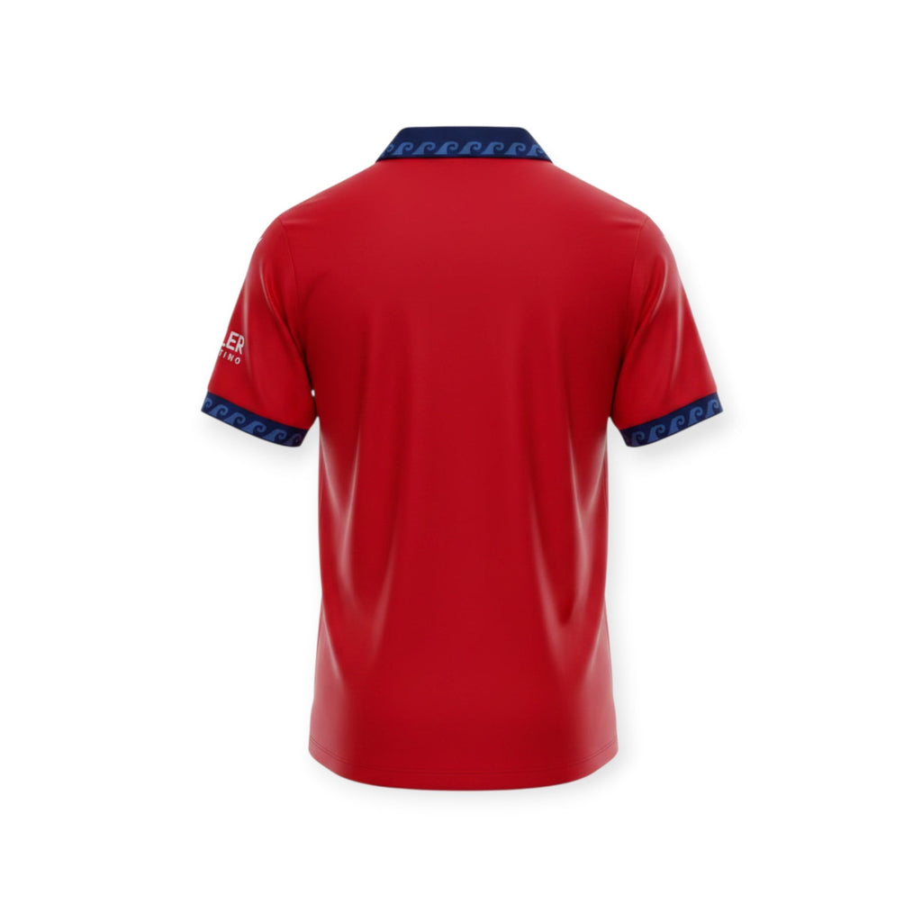 Archive Football CA Osasuna 2026/2027 home jersey in red with navy blue wave-patterned collar and sleeve cuffs.