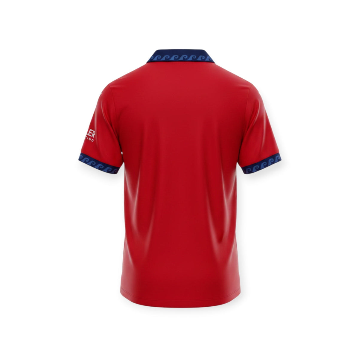 Archive Football CA Osasuna 2026/2027 home jersey in red with navy blue wave-patterned collar and sleeve cuffs.